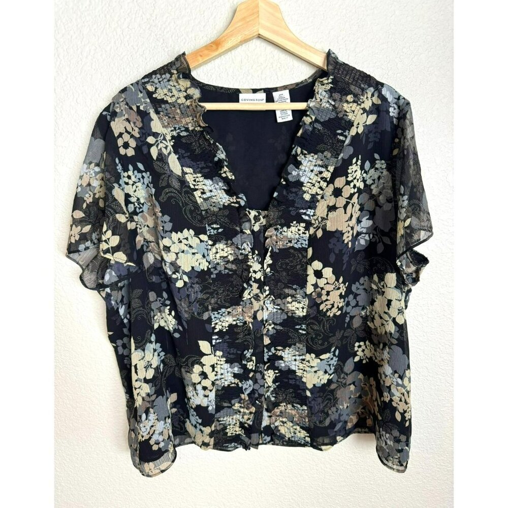 Women's Short Sleeve Black Floral Blouse Size 20W Sheer Sleeves Feminine Office